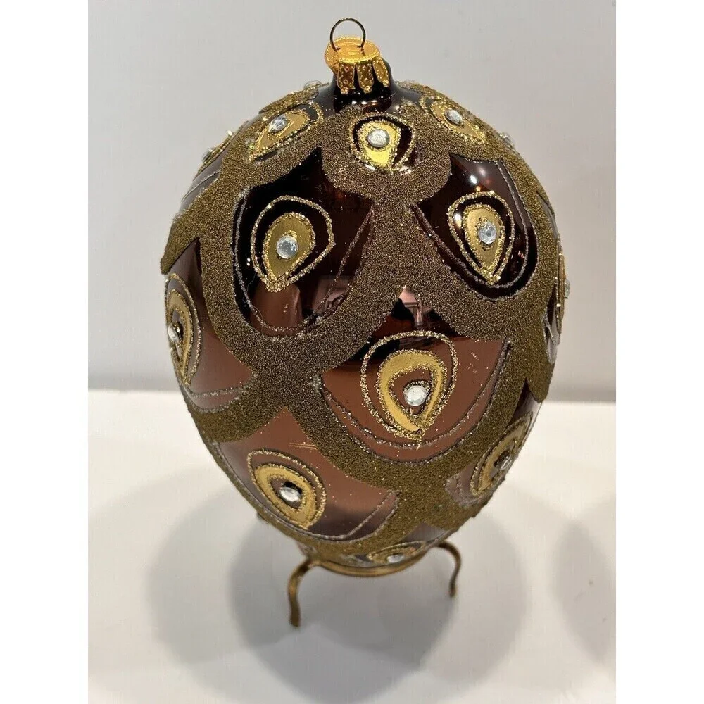 Vintage Hand Blown & Painted Glass Egg Christmas Ornament Diamond Glitter Set 2